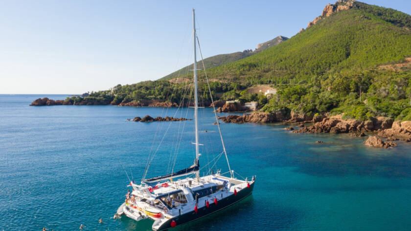 Bodrum catamaran charter anchored in a turquoise bay
