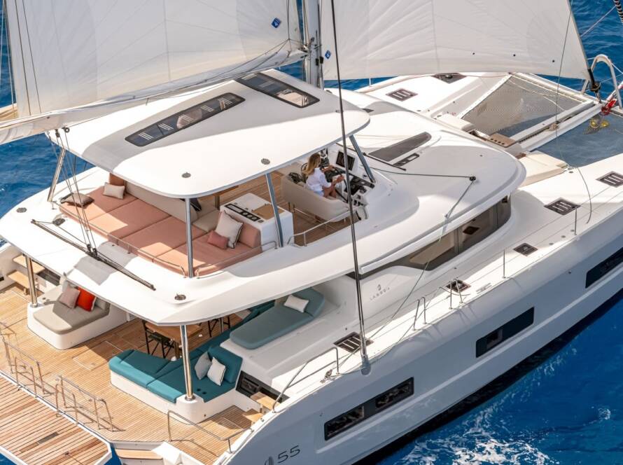 Lagoon 55 exterior view for a luxury Fethiye catamaran charter holiday in Turkey