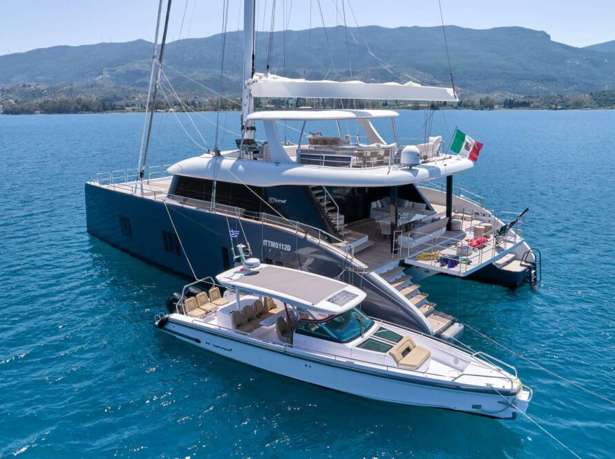 Sunreef 80 exterior view during a luxury sailing yacht charter Greece holiday.