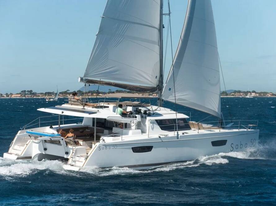 Pajot Saba 50 catamaran sailing with the wind near Fethiye, Turkey